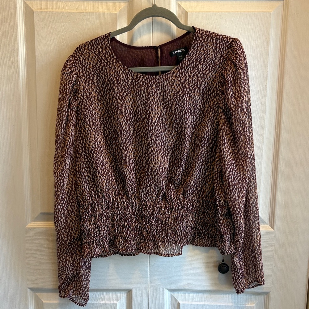 Express Womens XL Burgundy Animal Print Smocked Waist Metallic Chiffon Blouse